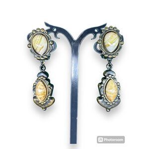 Clip-On Dangle Drop Earrings Beaded Signed